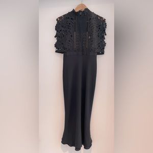 Self-Portait Black Lace & Silk Midi Dress - Size 4